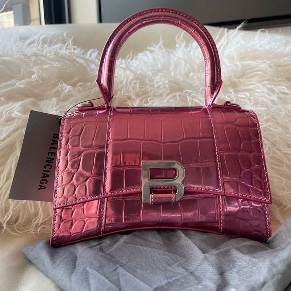 ❌SOLD❌Balenciaga Hourglass Pink Metallic Calfskin Croc Embossed Bag XS BRAND NEW - Picture 2 of 11